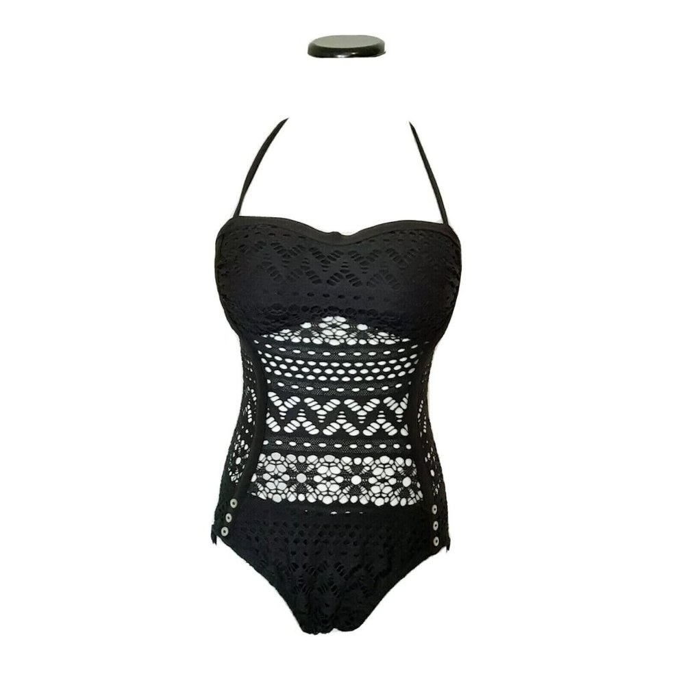 VTG Robin Piccone Black Mesh Boho Illusion Bikini One Piece Halter Bandeau